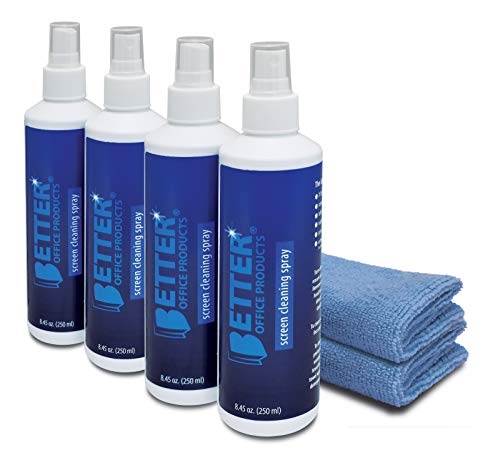 Better Office Products Screen Cleaner Spray Kit, 4 Pack - 4 Spray Bottles (Each 8.45 oz/Total 33.8 oz) with 2 Extra-Large Microfiber Cleaning