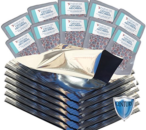 PackFreshUSA Quart 5 Mil Premium Century Mylar bags with 300cc oxygen absorbers in 10-packs (100) with PackFreshUSA LTFS Guide