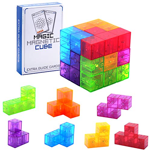 WorWoder Kids Magnetic Building Blocks Magic Magnetic 3D Puzzle Cubes, Set of 7 Multi Shapes Magnetic Blocks with 54 Guide