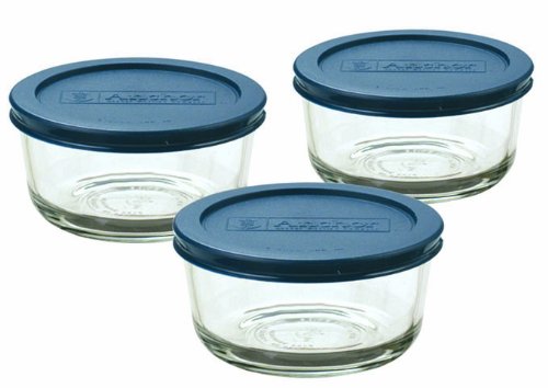 Anchor Hocking 2-Cup Round Glass Food Storage Containers with Blue SnugFit Lids, (6-piece, BPA and lead free, glass tempered tou