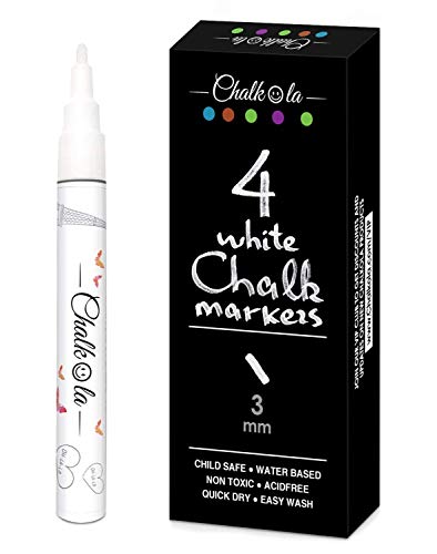 Chalkola White Chalk Markers Fine Tip (4 Pack 3mm) - Wet & Dry