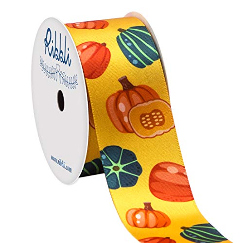 Ribbli Satin Fall Pumpkin Craft Ribbon,1-1/2 Inch x 10 Yard,Yellow/Green/Orange,Use for Gift Wrapping,Autumn/Fall