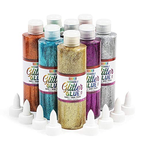 Bright Creations Metallic Art Glitter Glue Bottles, 8 Colors for Crafts (8  oz, 8 Pack, 16 Caps)