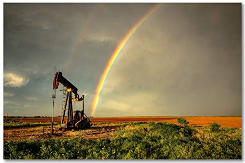 Southern Plains Photography Oilfield Wall Art Photography Print - Picture of Pump Jack and Rainbow on Stormy Day in Texas - Unframed Oil and Gas Photo