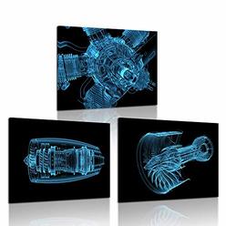 iKNOW FOTO 3 Pieces Canvas Art Wall Decor Jet Engine 3D x-ray Blue Transparent Isolated on Black Poster Art Prints Modern
