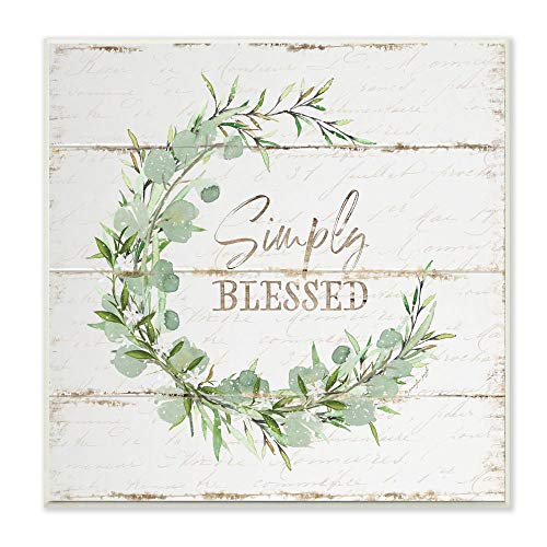 Stupell Industries Simply Blessed Phrase with Distressed Styling and Wreath Wall Art, 12 x 12, Off-White