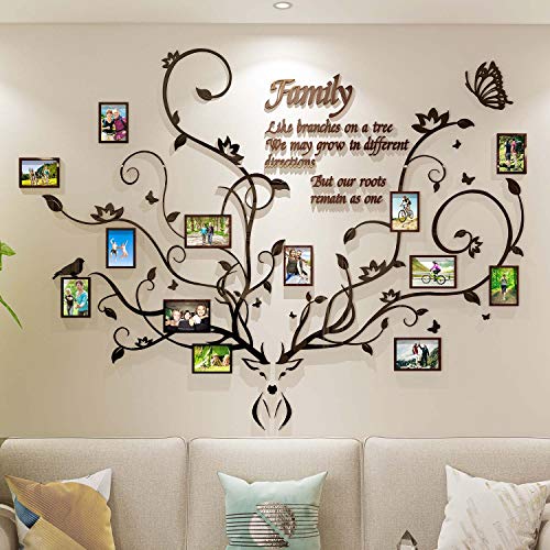 DecorSmart Antlers Family Tree Wall Decor for Living Room, 3D Removable Picture Frame Collage DIY Acrylic Stickers with Deer