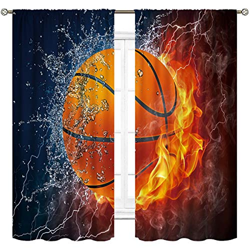 Cinbloo Basketball Curtains Rod Pocket Fire and Water Ball Sports Flame Splashing Thunder Lightning Cool Art Printed Living