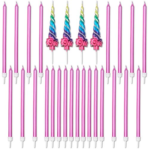 Blue Panda Rainbow Unicorn Horn Cake Topper Set with Long Thin Candles in Holders (5 in, 28 Pack)