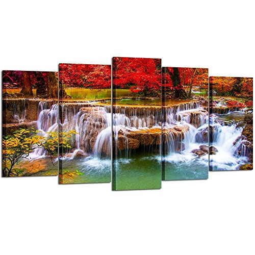 Kreative Arts Canvas Print for Living Room Decoration Stretched 5 Panels Green Dreamlike Waterfall Painting Wall Art Picture