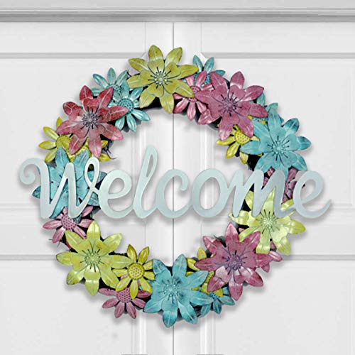 HOMirable 17 Inch Metal Flower Wreaths for Front Door, Welcome Sign Floral Wreath, Iron Farmhouse Wreath for Spring Summer,
