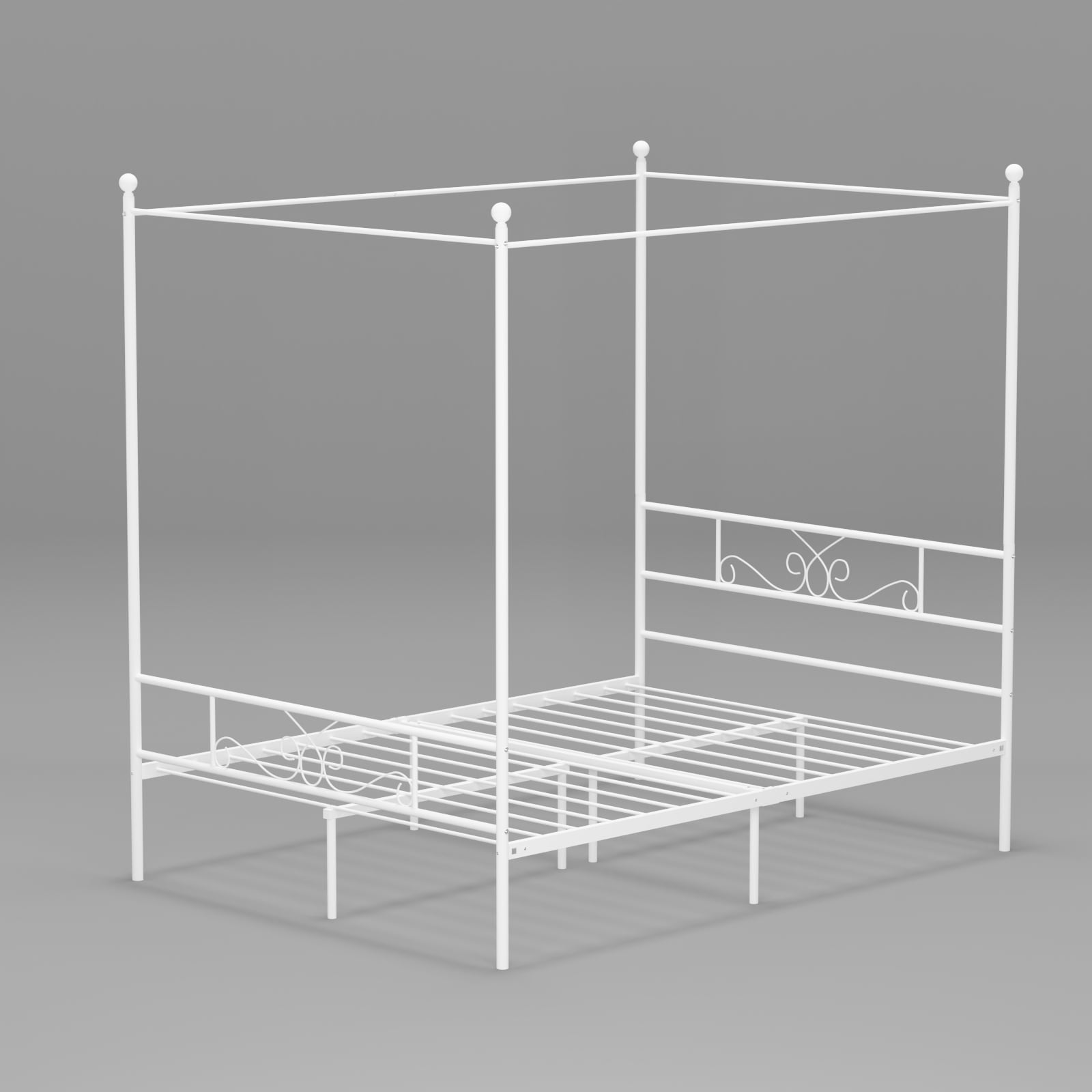 Teraves 4 Post Metal Queen Canopy Bed Frame With Ball Design Slats Headboard And Footboard White White Canopy Bed Frame Queen