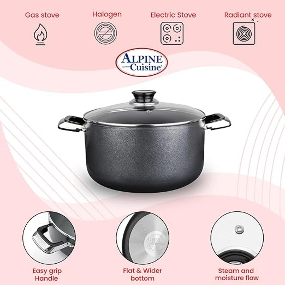 Alpine Cuisine 10 Quart Non-stick Stock Pot with Tempered Glass Lid and Carrying Handles, Multi-Purpose Cookware Dutch Oven