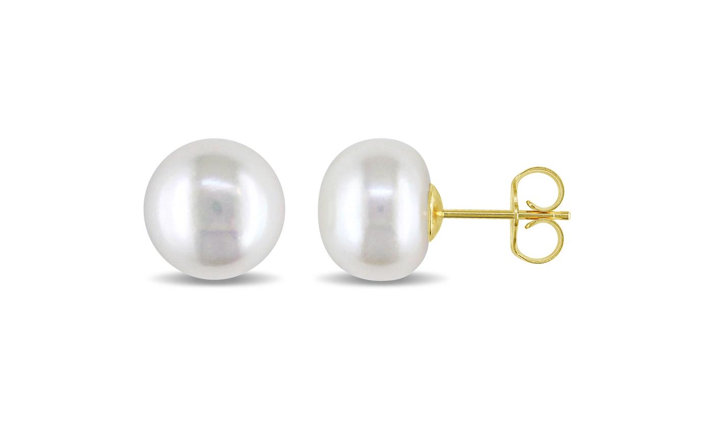 Bonjour Jewelers 14k Yellow Gold 10-11 mm White Round Pearl Stud Earrings