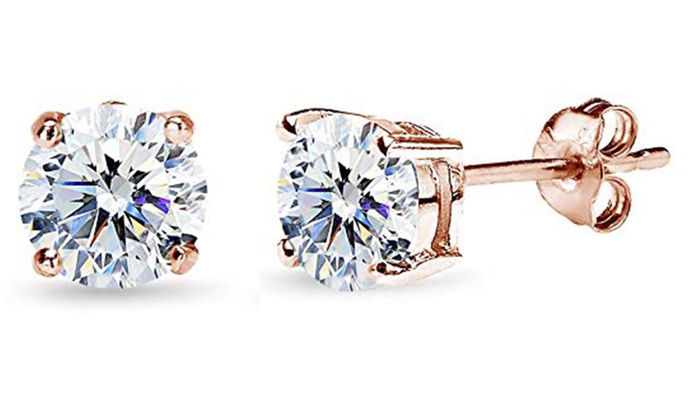 Bonjour Jewelers Rose gold Plated Silver Round Solitaire Stud Earrings