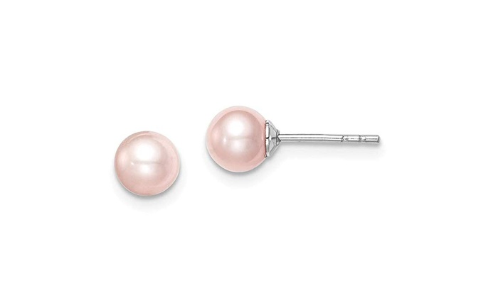 Bonjour Jewelers 925 Sterling Silver 6mm Pink Round Freshwater Cultured Pearl Stud Earrings