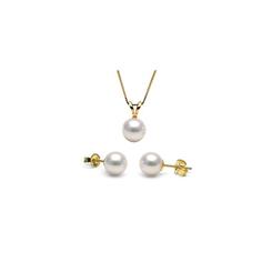 Bonjour Jewelers 7 MM Round White 18 Inch Pearl Necklace In Earring Set 24k Gold Plated