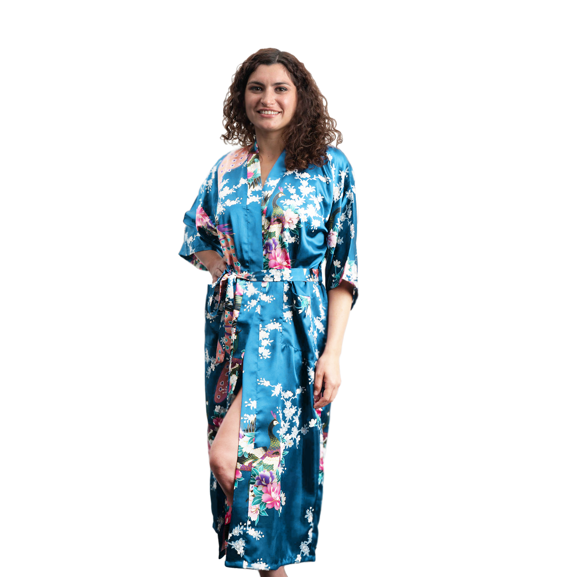Gifts Are Blue Elegant Long Floral Silk Kimono Womens Robe, Sizes 2 to 18 - Lightweight Floral Women's Robe