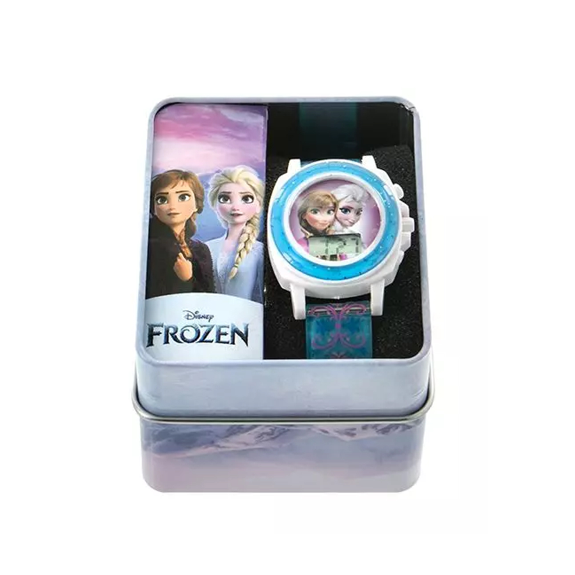 Disney Frozen II LCD Watch in Colorful Gift Case, White/Blue, Silicone Band, Plays Let It Go, Ages 3-6