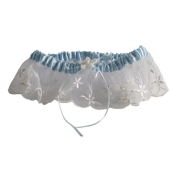 Gifts Are Blue Embroidered Wedding Garters with Pearl Accents, Ivory and Blue