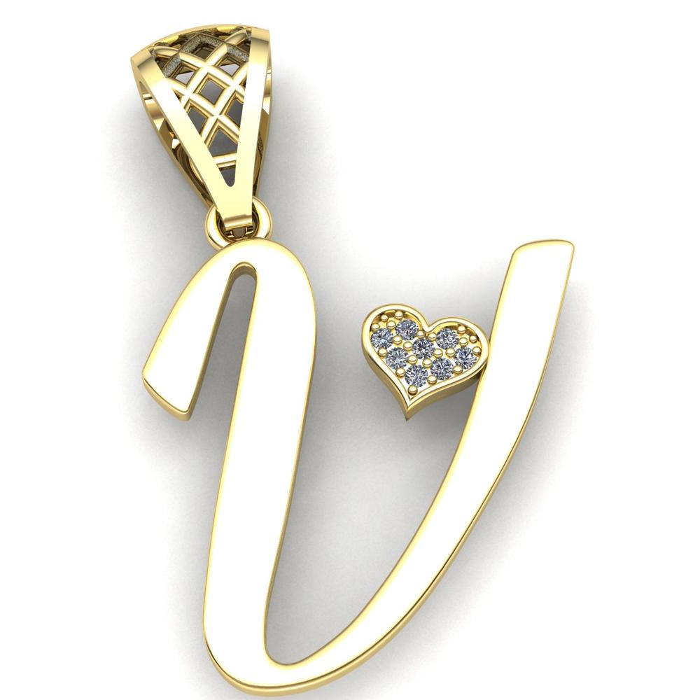 Jewel We Sell Real 0.1ctw Round Cut Diamond Ladies Alphabet Initial Letter 'V' Pendant Solid 14K Yellow Gold FG VS
