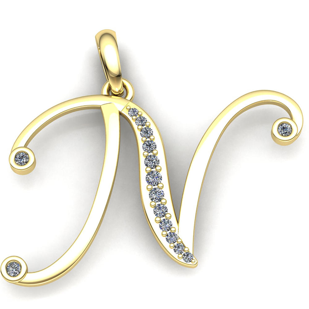 Jewel We Sell Natural 0.75ct Round Cut Diamond Ladies Initial Letter Alphabet 'N' Pendant Solid 10K Yellow Gold H SI2