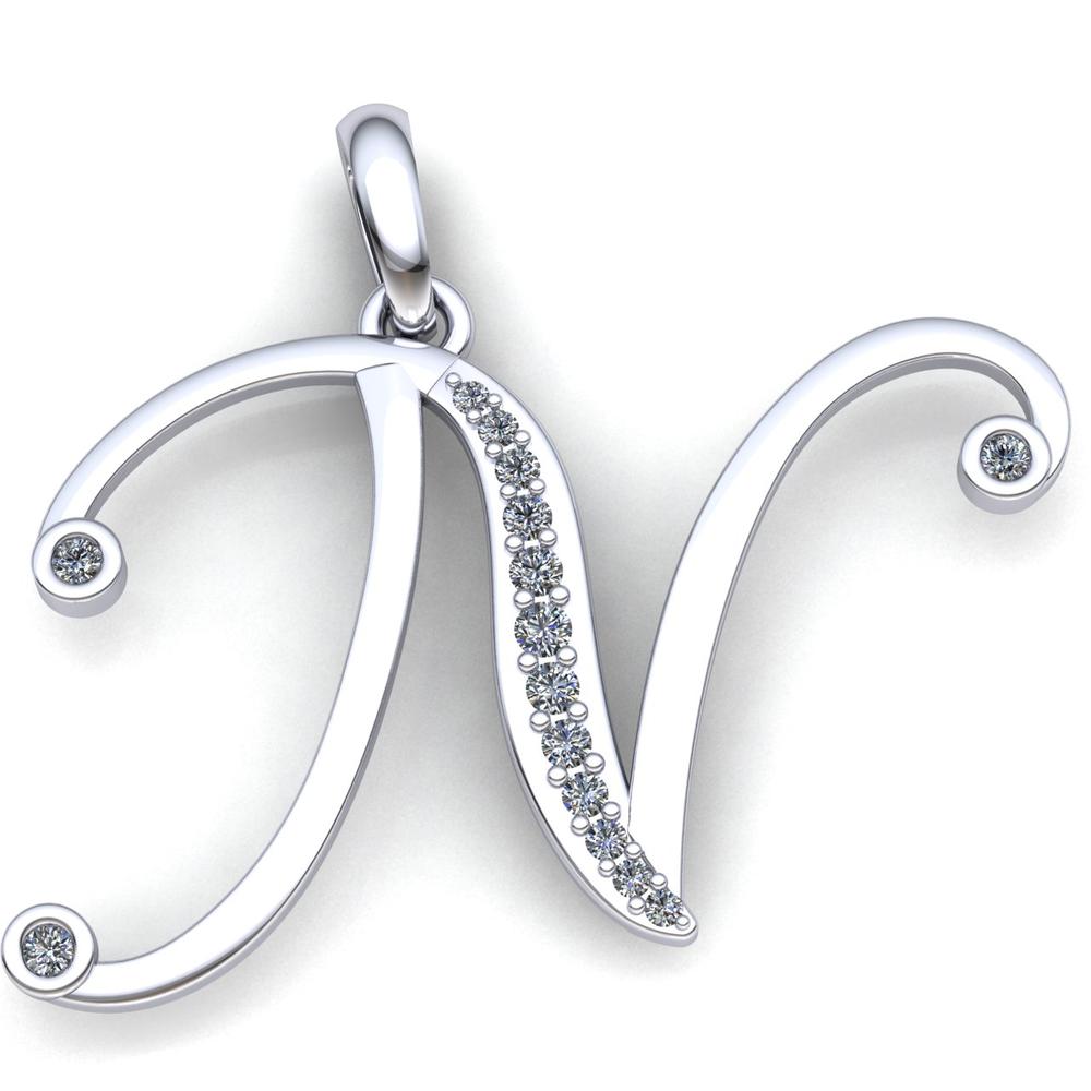 Jewel We Sell 0.25ctw Round Cut Diamond Ladies Initial Letter Alphabet 'N' Pendant Solid 14K White Gold GH I1