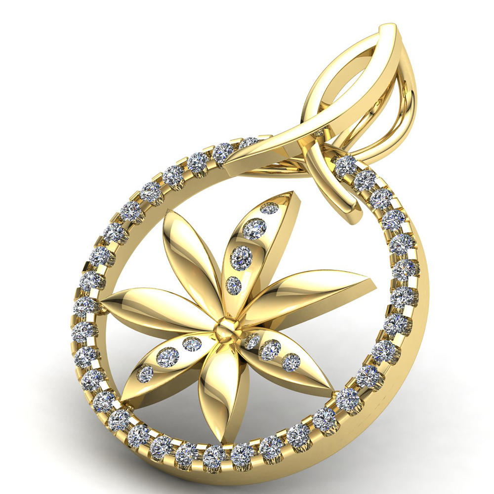 Jewel We Sell Real 0.33carat Round Cut Diamond Ladies Flower Circle Pendant Solid 14K Yellow Gold GH I1