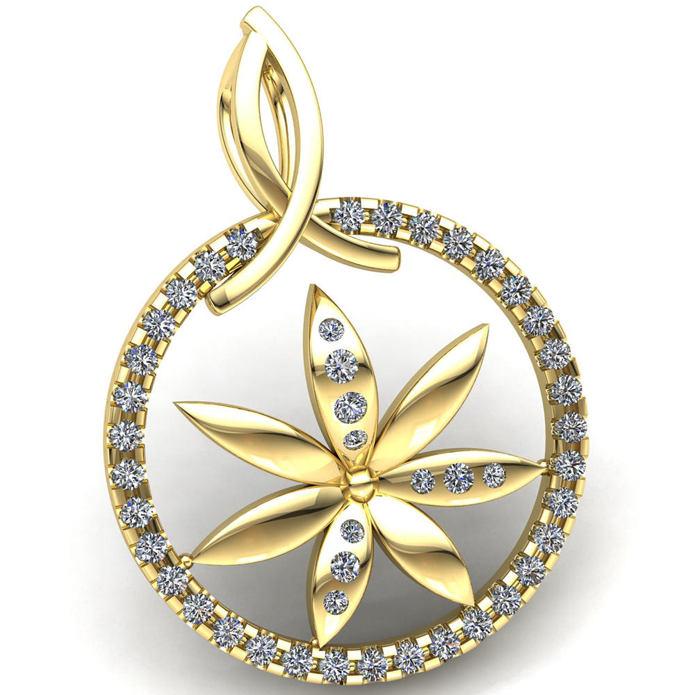 Jewel We Sell Real 0.33carat Round Cut Diamond Ladies Flower Circle Pendant Solid 14K Yellow Gold GH I1