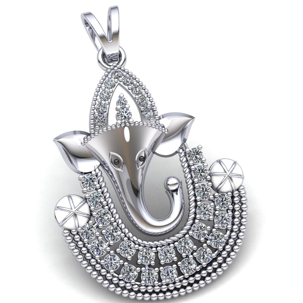 Jewel We Sell Natural 2carat Round Cut Diamond Lord Ganesha Religious Pendant Solid 18K White Gold FG VS2