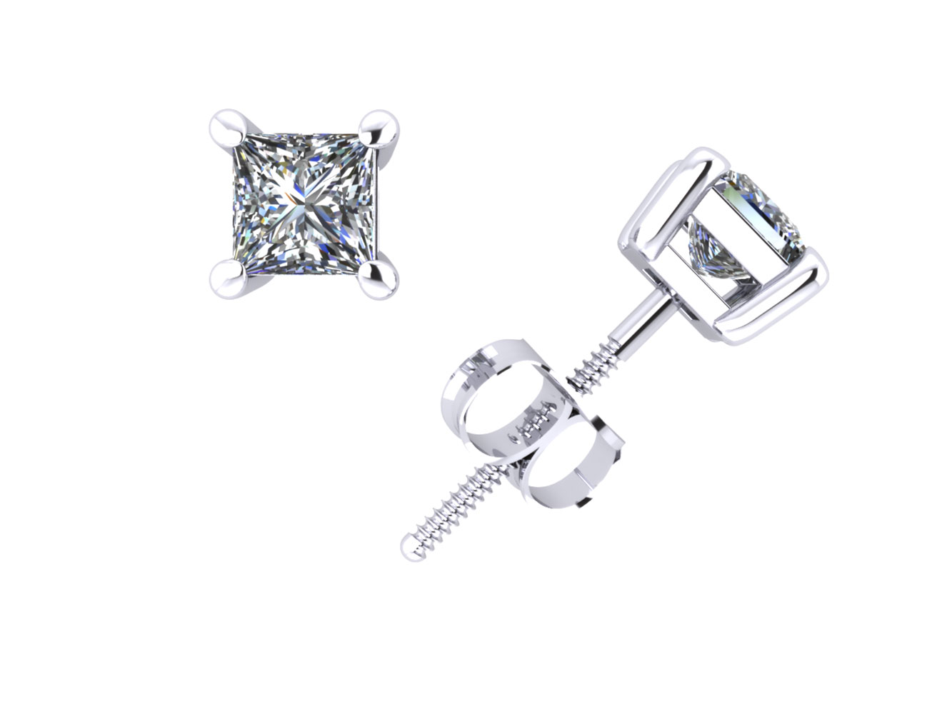 Jewel We Sell 2/5Ct Princess Cut Diamond Basket Stud Earrings 14k White or Yellow Gold 4Prong Screwback GH I1