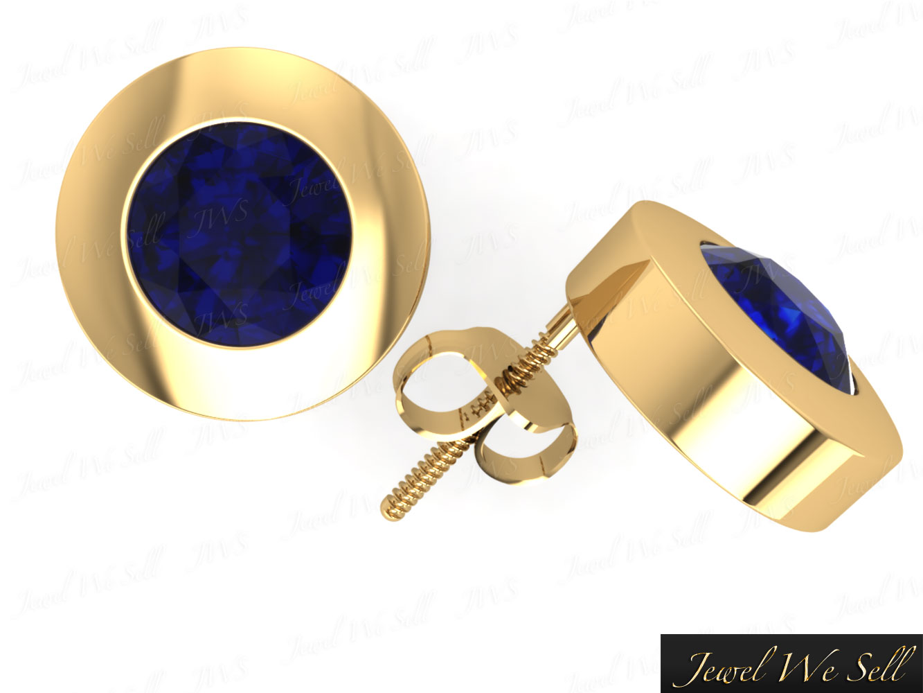 Jewel We Sell Natural 2Ct Round Blue Sapphire Stud Earrings 14k White or Yellow Gold Bezel Push Back AAA Quality