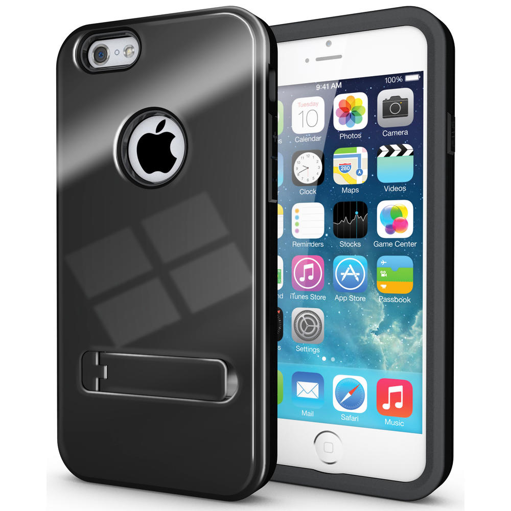 Nakedcellphone BLACK SLIM TOUGH SHIELD GLOSSY ARMOR HYBRID CASE COVER SKIN FOR iPHONE 6 (4.7")