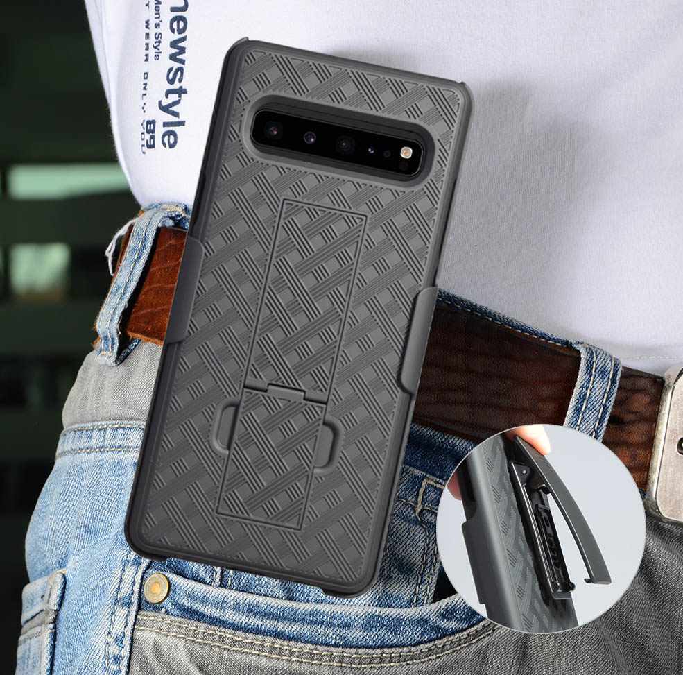 Nakedcellphone Black Case Kickstand Cover + Belt Clip Holster for Samsung Galaxy S10 5G SM-G977