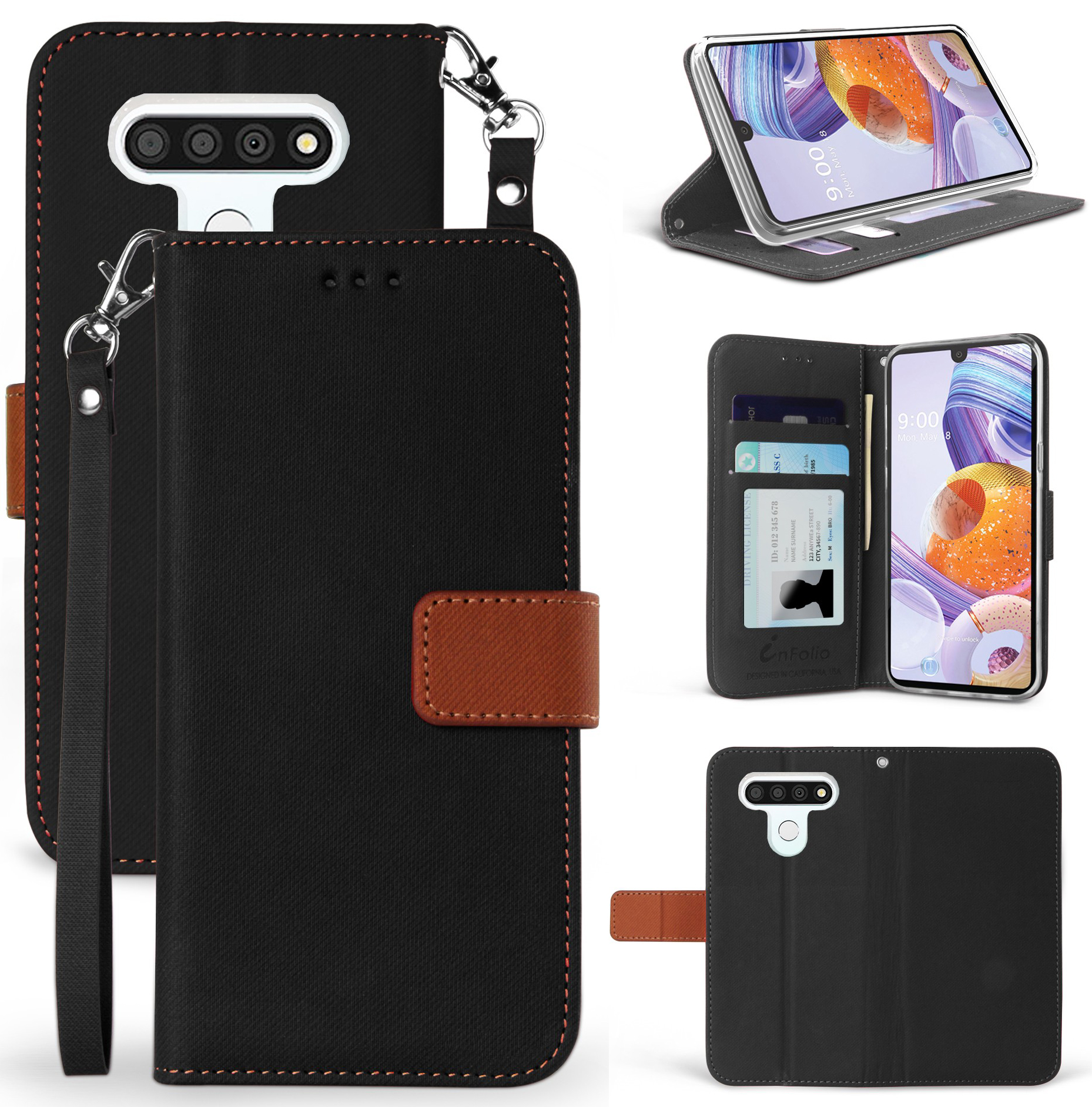 Nakedcellphone Durable Wallet Case Credit Card Slot Cover Stand Wrist Strap for LG K51, Reflect