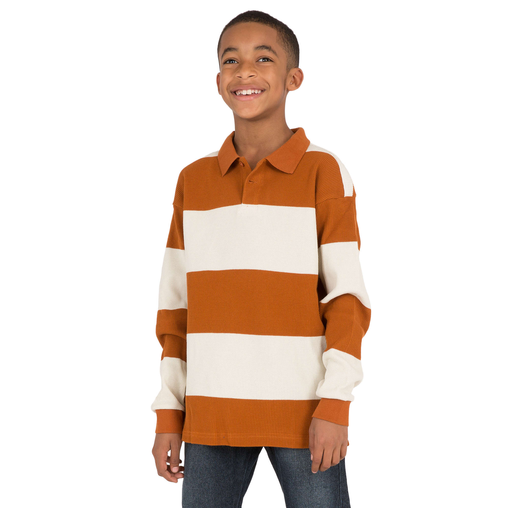 Vibes Boy's Thermal Long Sleeve Polo Shirt Copper & Beige Yarn Dye Wide Stripe