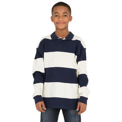 Vibes Boy's Thermal Long Sleeve Polo Shirt Navy & Ivory Yarn Dye Wide Stripe