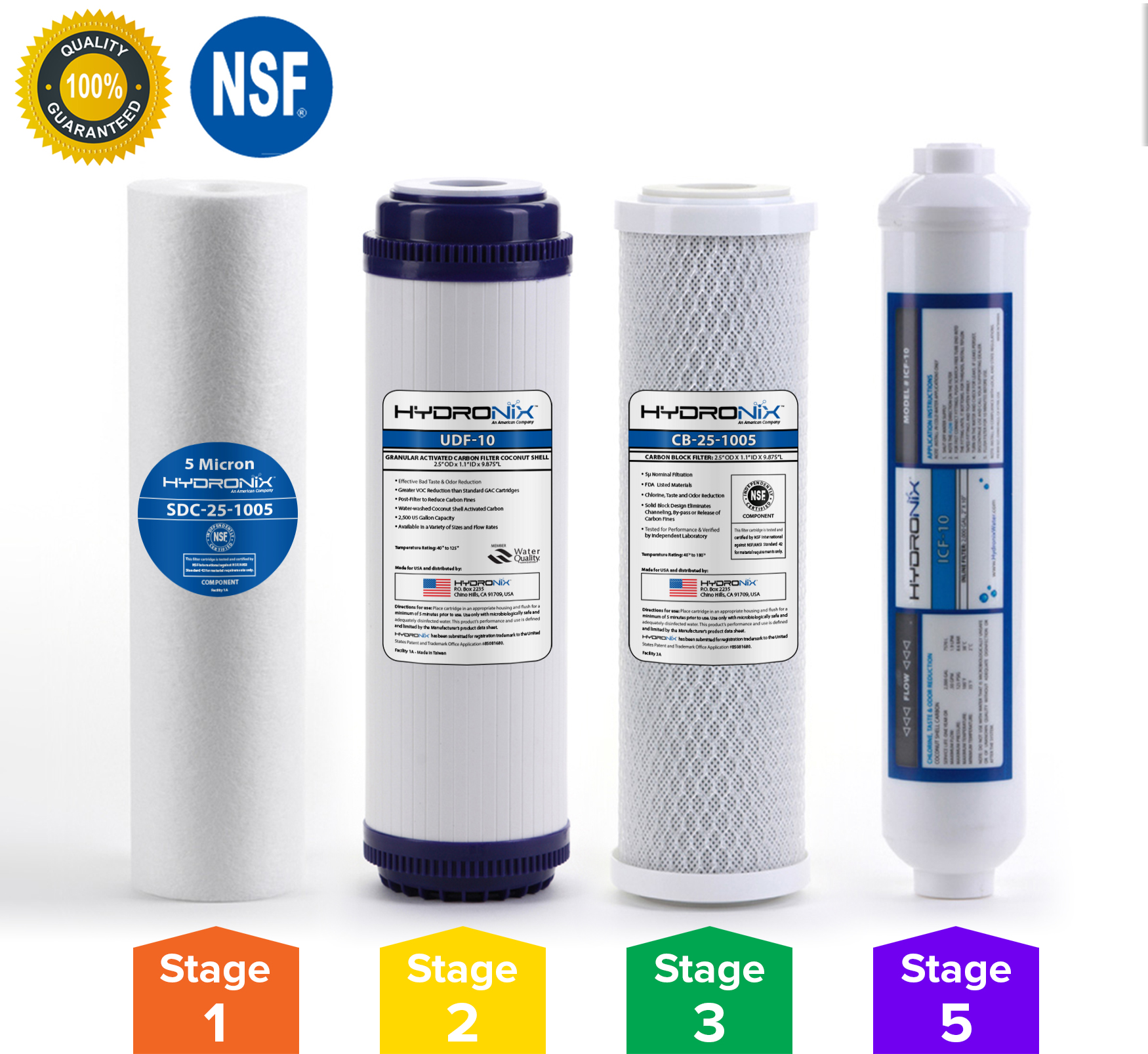 Smart Pack 5 Stage 4pc Reverse Osmosis RO Water Filter Cartridges, Pre & Post Replacement Set SED UDF CTO GAC - 2.5" x 10"