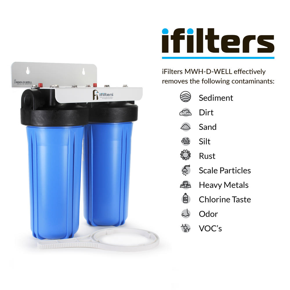 iFilters Well Water Whole House Filtration System Dual Stage Complete System Commercial Grade Sediment Odor Taste Rust, 1" Ports