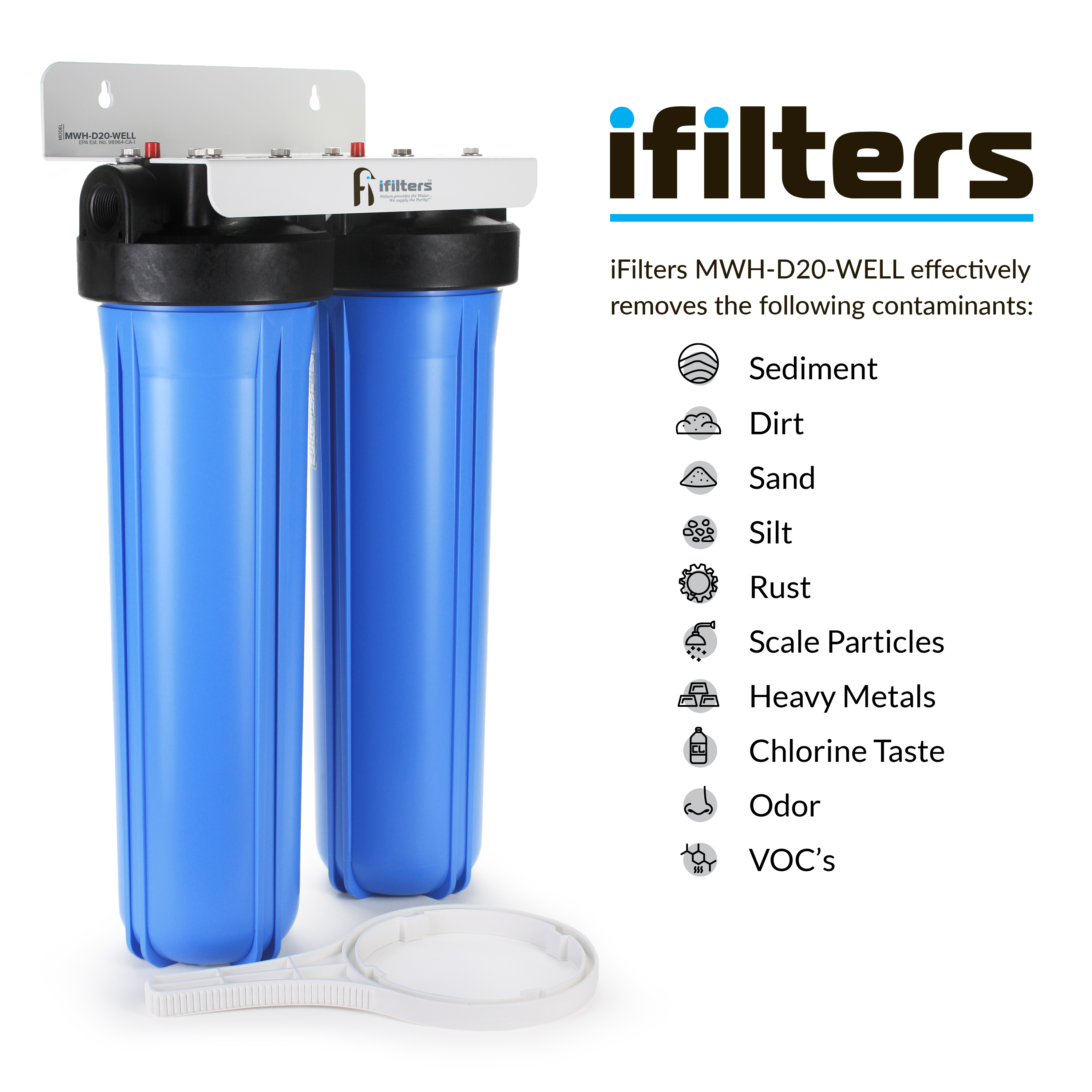 iFilters Well Water Whole House Filtration System 20" Dual Stage Complete Commercial Grade Sediment Odor Taste Rust 1" Ports
