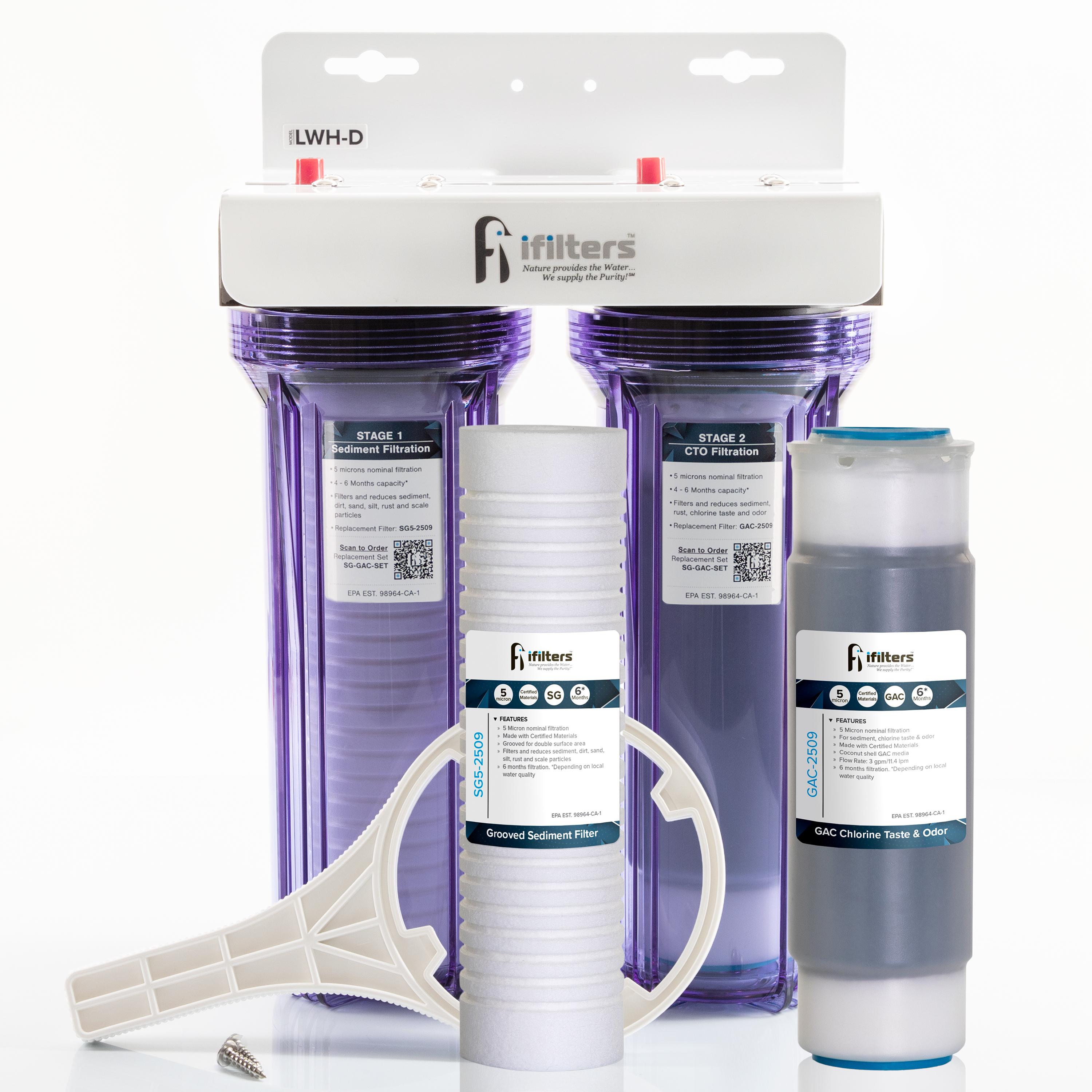 iFilters Whole House 2 Stage Water Filtration System w/Extra Filter Set, Sediment, Rust, Chlorine, Taste, Odor, 3/4" Ports, Gen2