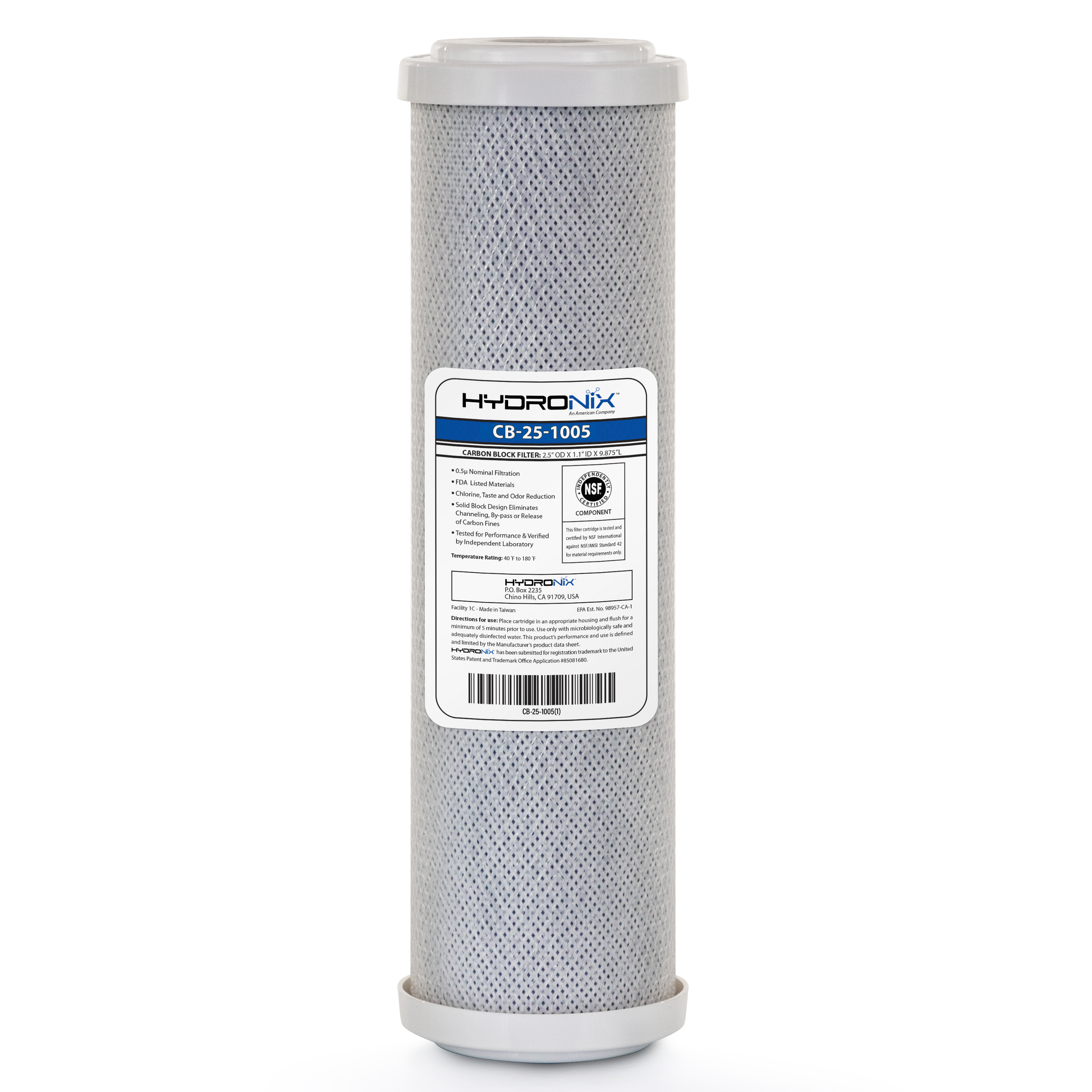 Hydronix CB-25-1005 Whole House RO & Drinking Systems NSF Coconut Carbon Block Water Filter 2.5 x 10 - 5 micron