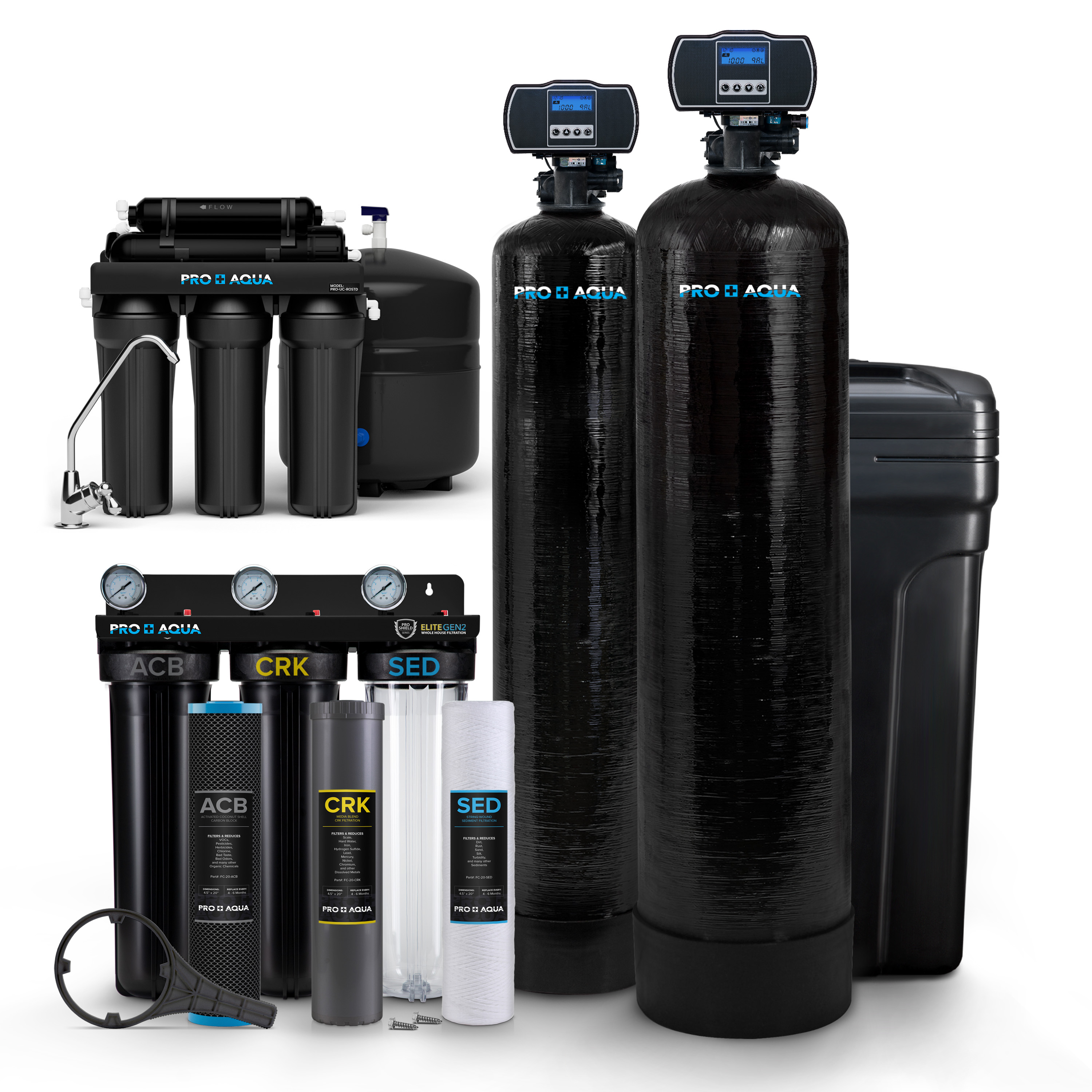 PRO+AQUA ELITE Well Water Filter Softener Bundle Plus Reverse Osmosis Drinking System For Iron, Odor, Color, Hardness