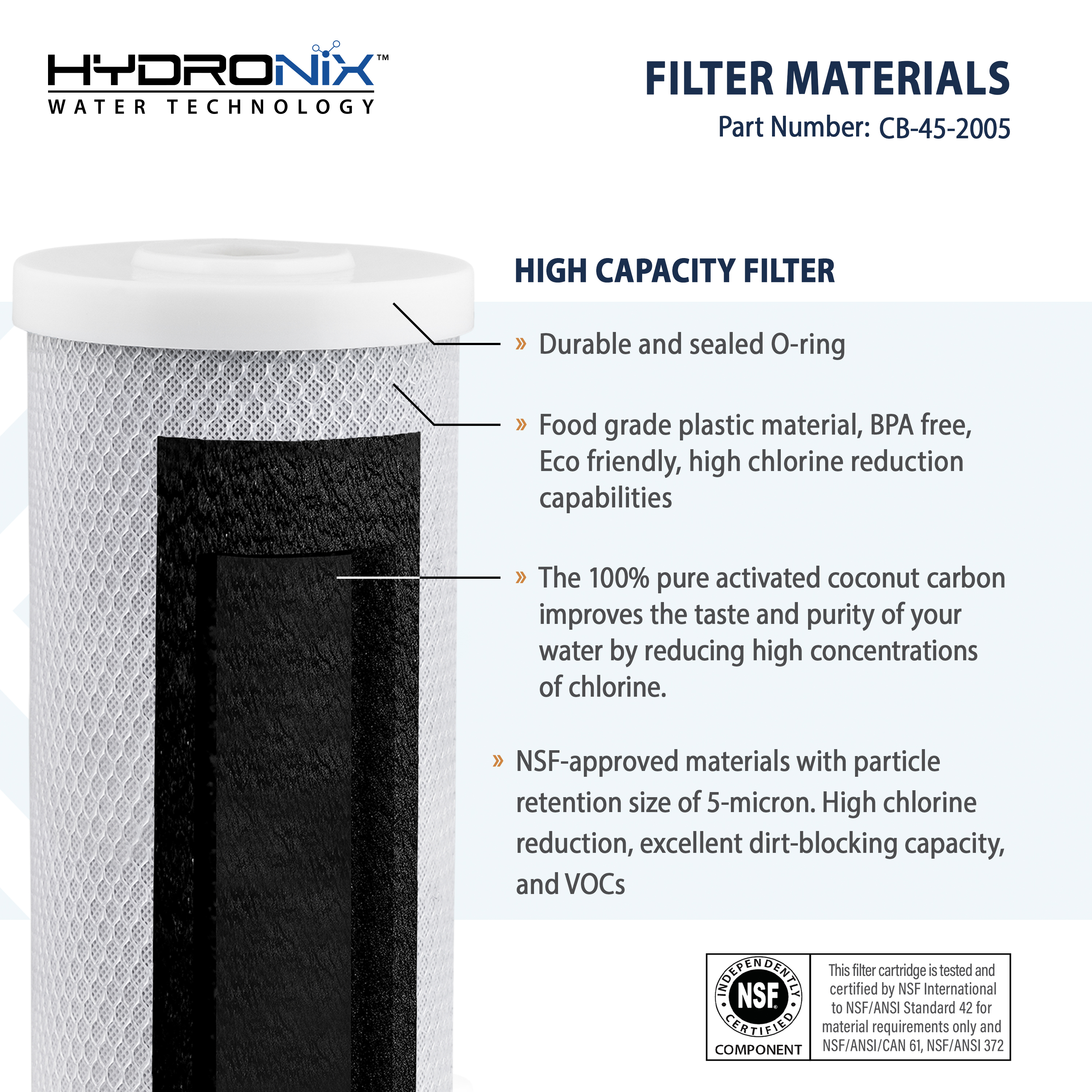 Hydronix CB-45-2005 Whole House, Commercial & Industrial NSF Coconut Carbon Block Water Filter, 4.5" x 20" - 5 micron