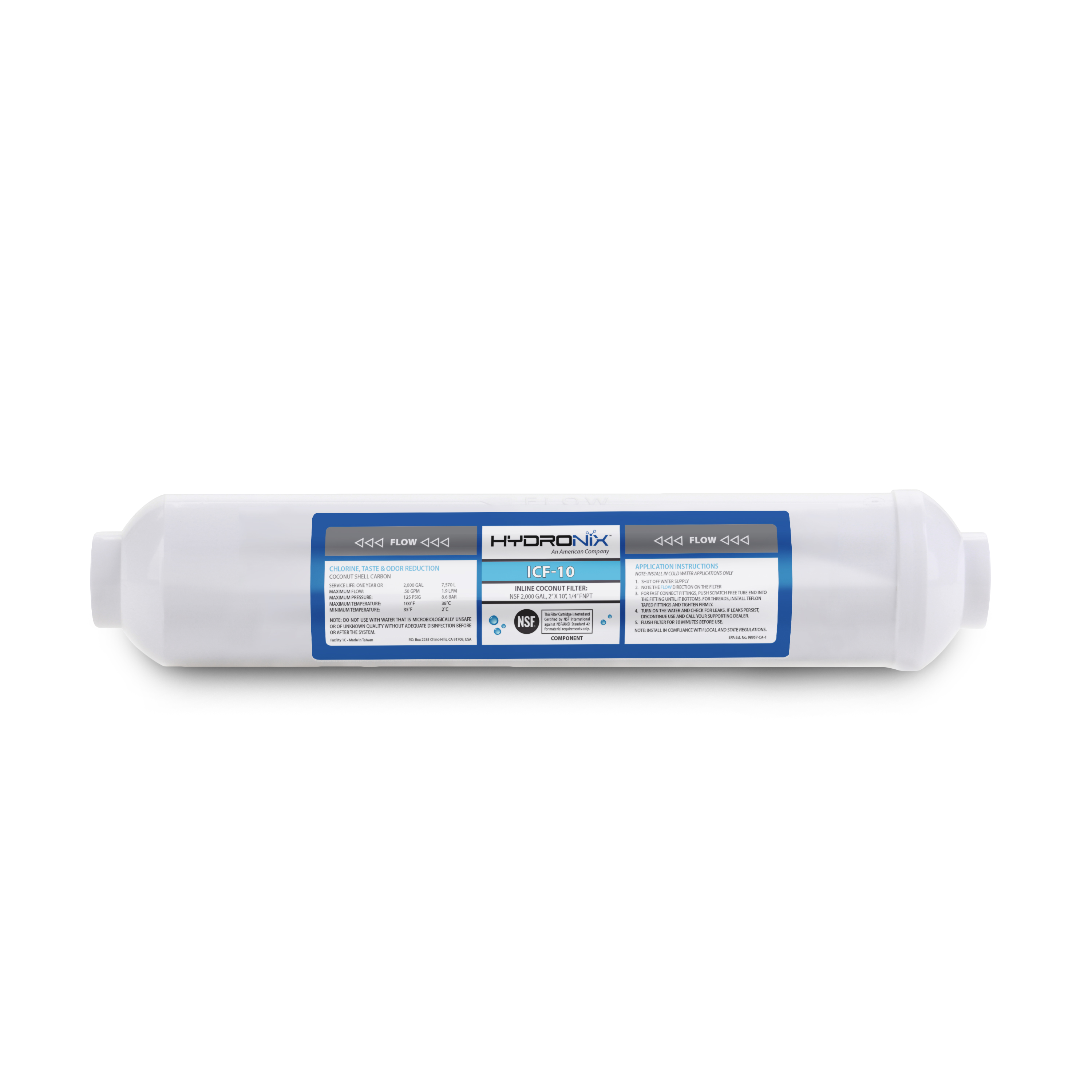Hydronix ICF-10 RO Reverse Osmosis Post Polishing, Fridge and Ice Inline Coconut GAC Water Filter, 2000 Gal, 1/4" NPT