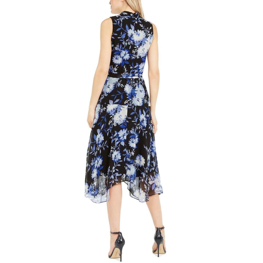 Calvin Klein CALVIN KLEIN Women's Floral Print Twist Neck Belted Midi A-Line  Dress