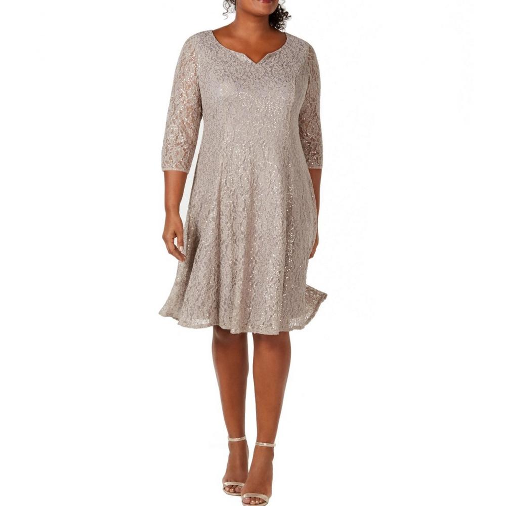 SLNY Women's Plus Size 3/4 Sleeve Sequined Lace A-Line Dress