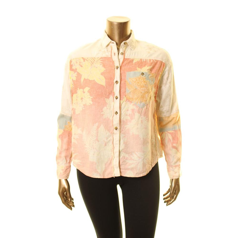 FREE PEOPLE Women's Patchwork-print Linen-blend Button Down Shirt Top