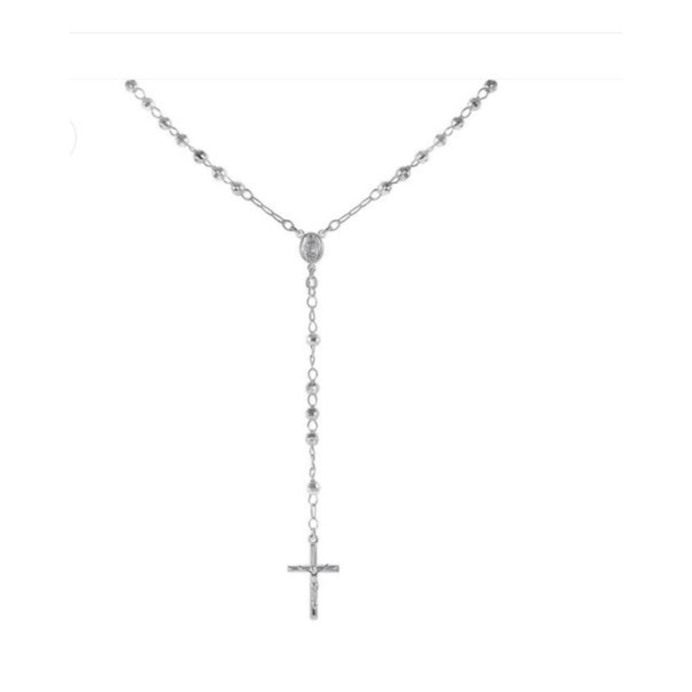 MST 925 Sterling Silver Diamond Cut Italian 5mm Rosary Beads Chain with Cross Necklace 24" Rosario
