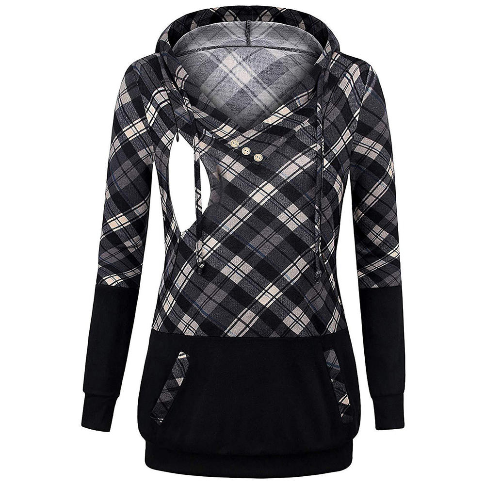 Long Sleeve Plaid Colorblock Nursing Pullover Hoodie Sweatshirts
